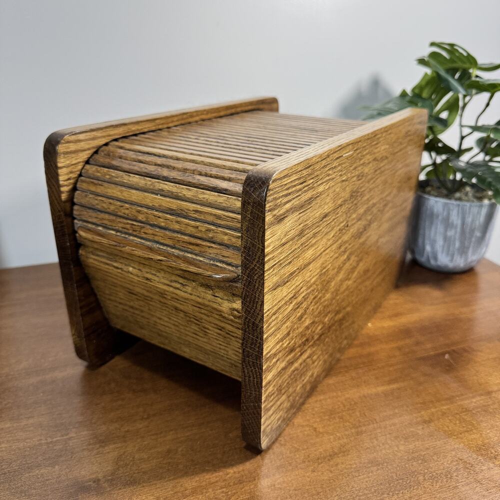 Vintage Wood Roll Top Box Storage Organizer with Dividers Oak Tambour Byte
